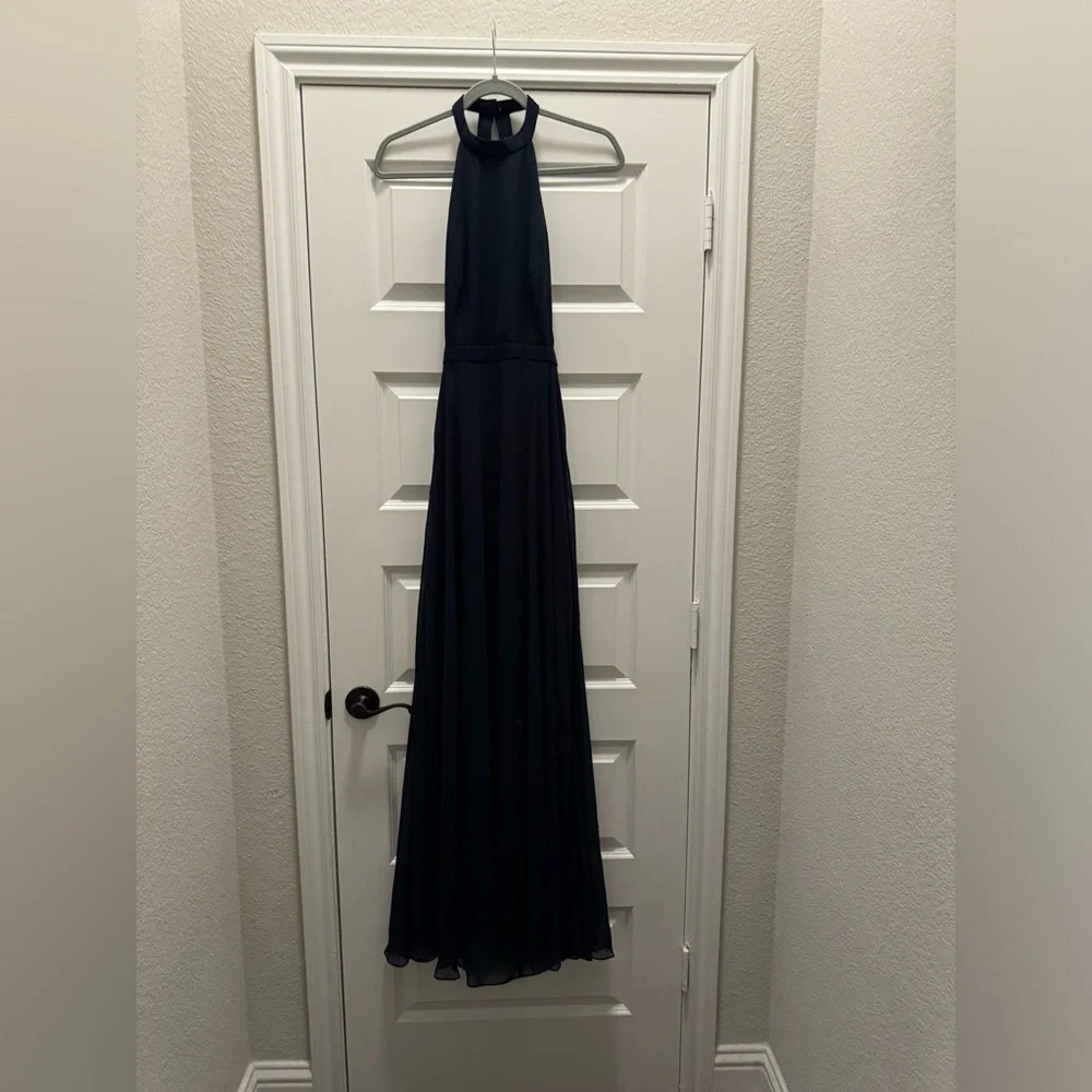 DESSY STAND COLLAR HALTER MAXI DRESS WITH CRISS CROSS OPEN-BACK IN MIDNIGHT - Picture 2 of 5